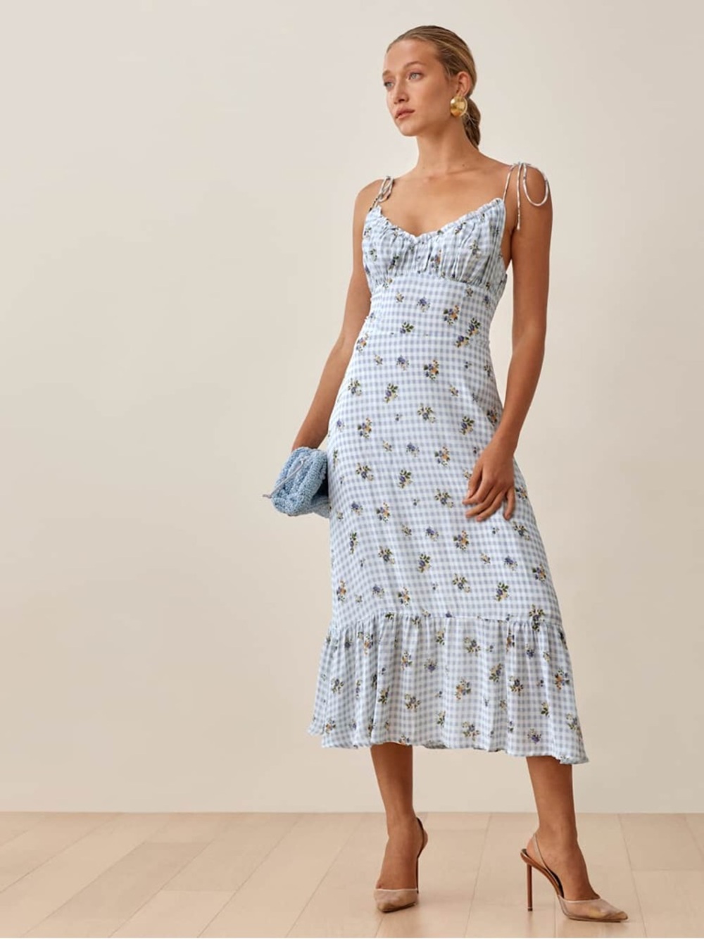 Reformation Embry Midi Dress Light Blue Gingham Floral Tie-Strap‎ Babydoll 10